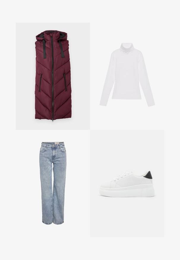 Burgundowa kamizelka puchowa z kapturem, z charakterystycznym wzorem w zygzak, z przodu na zamek błyskawiczny oraz dwiema bocznymi kieszeniami na zamek.; Biała bluzka z długim rękawem i golfem, wykonana z gładkiego, elastycznego materiału. Posiada wysoki kołnierz i dopasowany krój, bez widocznych wzorów czy zdobień.; Jasnoniebieskie dżinsy z szerokimi nogawkami, wykonane z denimu, z wysokim stanem, pięciowgzianą konstrukcją i subtelnym wyblaknięciem, dającym wrażenie noszonych.; Białe sneakersy na platformie wykonane z gładkiego materiału syntetycznego, z zaokrąglonym noskiem, sznurowanym zapięciem i teksturowaną gumową podeszwą. Czarne akcenty na pięcie.