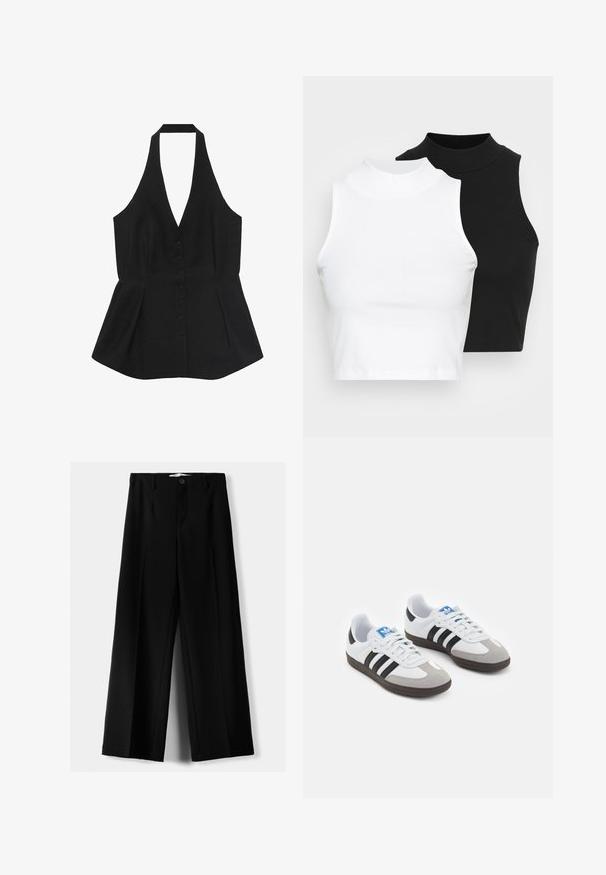 Zwarte haltertop met een diepe V-halslijn, knoopsluiting aan de voorkant en een peplumzoom. Gladde stof met een getailleerd ontwerp en naadloze randen.; Twee mouwloze ribgebreide coltruien in zwart en wit, met een slim fit ontwerp en een gladde textuur, met een cropped lengte.; Zwarte wijde broek van lichtgewicht stof, met een knoopsluiting aan de voorkant en een vlakke achterkant, afgewerkt met keurig gestikte zoom.; Sportschoenen met een witte leren bovenkant, grijze suède neus en drie zwarte strepen. Bevat een blauw logo op de tong en een gestructureerde rubberen zool.