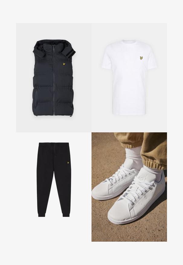 Fekete puffertakó mellény magas gallérral, elülső cipzárral, két oldalsó zsebbel és vállrészékkel. A mellkason egy kis sárga logó található.; Fehér pamut póló, bal mellen egy apró fekete és sárga hímzett logóval. Rövid ujjú és kerek kivágású.; Fekete melegítőnadrág rugalmas derékpánttal és húzózsinórral, szűkített szárak mandzsettákkal, valamint kis sárga hímzett logóval a jobb combon.; Fehér bőr sportcipők sima felülettel, klasszikus fűzős kialakítással, perforációkkal a légáteresztés érdekében és texturált gumitalppal.