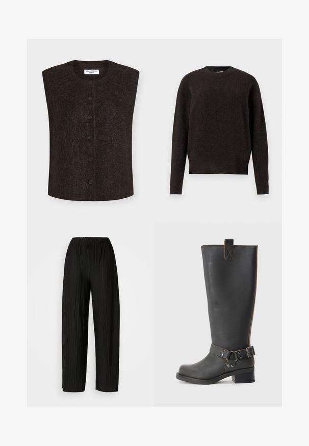 Schwarze Weste mit kurzen Ärmeln aus weichem, strukturiertem Stoff, mit Rundhalsausschnitt und vorderer Knopfleiste mit fünf Knöpfen.; Samsøe Samsøe ANOUR - Strickpullover - black coffee; Schwarze, plissierte, weite Hosen mit einem elastischen Bund. Der Stoff hat vertikale Falten und eine glatte Textur.; Schwarze Leder-Stiefel bis zum Knie mit strukturiertem Finish, seitlichem Schnallenakzent und niedrigem Absatz. Detaillierte Steppnähte entlang der Nähte.