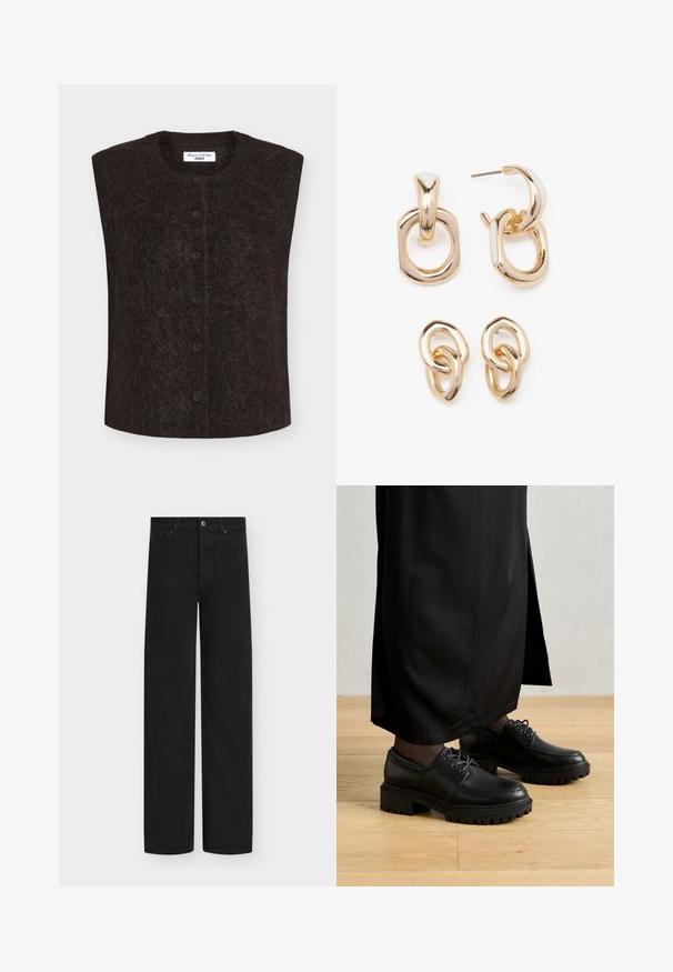 Lyhythihainen musta liivi, valmistettu pehmeästä, teksturoidusta kankaasta, jossa on pyöreä kaula-aukko ja etupuolella viisnapillinen kiinnitys.; Valkoinen lyhythihainen t-paita, jossa on pyöreä kaula-aukko ja rento malli, valmistettu pehmeästä puuvillakankaasta. Suhteellisen sileä pinta, ilman kuvioita tai logoja.; Musta leveälahkeiset farkut, valmistettu denimistä, jossa on napillinen sulkeminen ja viisi taskua. Sileä pinta ja siisti, minimalistinen muotoilu.; Mustat nahkakengät, joissa on pyöristetyt varpaat, paksu kumipohja ja nauhat. Suunnittelussa on koristeompeleet yläosassa.; Korukkeet kultasävyisiä, joissa on sekoitus geometrisia muotoja: neliö, ympyrä ja linkitetyt soikio-designit kiiltävällä pinnalla.