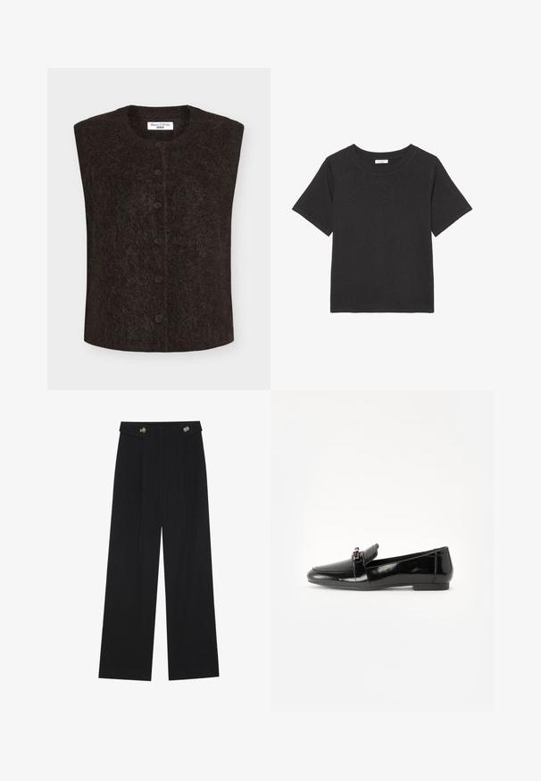 Rövid ujjú fekete mellény puha, texturált anyagból, kerek nyakkivágással és elöl öt gombos záródással.; Fekete póló, puha anyagból készült, kerek nyakkivágással és rövid ujjakkal. A dizájn egyszerű, nem tartalmaz látható mintákat vagy díszítéseket.; Fekete, bő szárú nadrág magas derékkal, gombos részletekkel a derékrészen és elülső pliszékkal.; Fekete lakkbőr loaferek lapos talppal, lekerekített orral és díszítő pánttal, amely aranyszínű kiegészítővel rendelkezik. Simára polírozott, fényes felület.