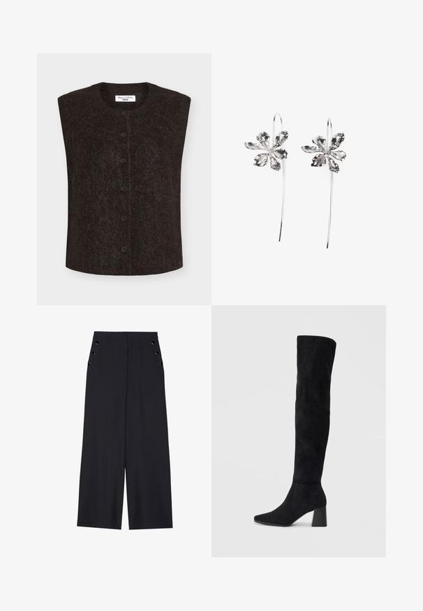 Short-sleeve black vest made of soft, textured fabric, featuring a round neck and front button closure with five buttons.; Black long-sleeve top featuring gathered fabric detail at the front and wrists, made of soft, stretchy material with a boat neckline.; Wide-leg trousers in dark navy fabric, featuring a smooth texture, front pleats, and decorative gold-tone eyelets on the side pockets.; Black suede knee-high boot with block heel, pointed toe, and smooth, seamless design on a plain light background.; Silver flower-shaped earrings with a textured finish, featuring long hooks and petal-like details for an intricate design.