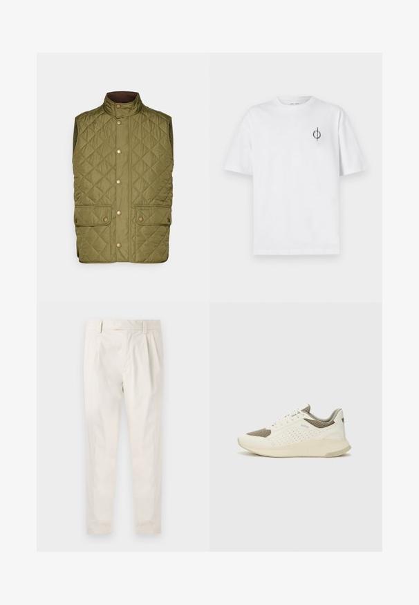 Barbour NEW LOWERDALE QUILTED GILET - Colete - dark moss; Camisa de algodão branca com um corte relaxado, apresentando um pequeno logótipo gráfico preto na área do peito esquerdo. Mangas curtas, estilo de gola redonda.; Calças brancas pregueadas com um corte ajustado, apresentando uma textura suave, passantes de cinto e pernas afuniladas. Sem bolsos visíveis ou padrões.; Sapatilha atlética branca e bege claro, com parte superior em malha, detalhes perfurados e uma entressola texturizada com marcação no calcanhar.