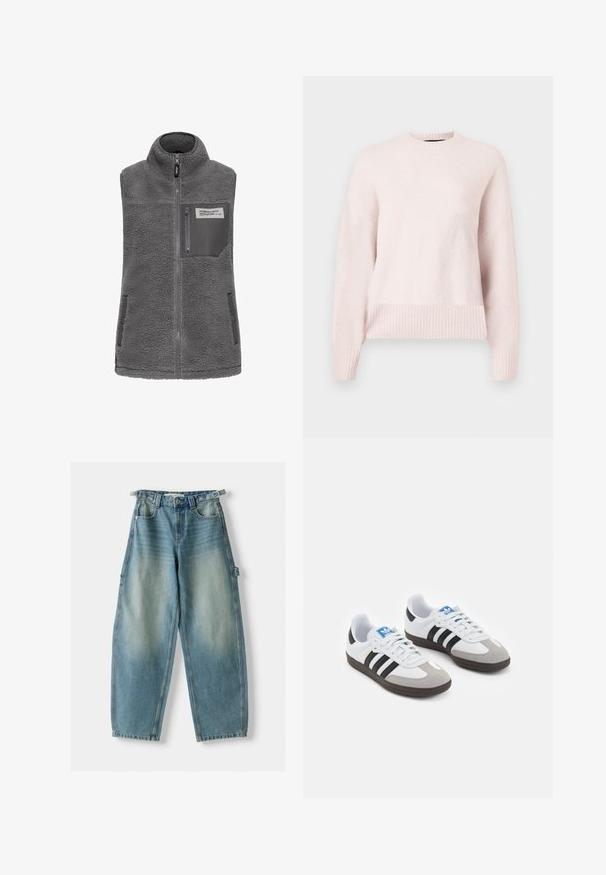 Šedá bezrukávová fleecová vesta s vysokým límcem, plným předním zipem, zipovou kapsou na hrudi a dvěma bočními kapsami na patentky.; Světle růžový svetr s kulatým výstřihem a žebrovanými manžetami. Tkanina vypadá měkká a útulná, vhodná pro volnočasové nošení.; Džíny s vysokým pasem, světle modré, volného střihu. Mezi jejich vlastnosti patří knoflíkové zapínání, poutka na opasek a boční kapsy.; Sportovní boty s bílým koženým svrškem, šedou semišovou špičkou a třemi černými pruhy. Obsahují modré logo na jazyku a texturovanou gumovou podrážku.