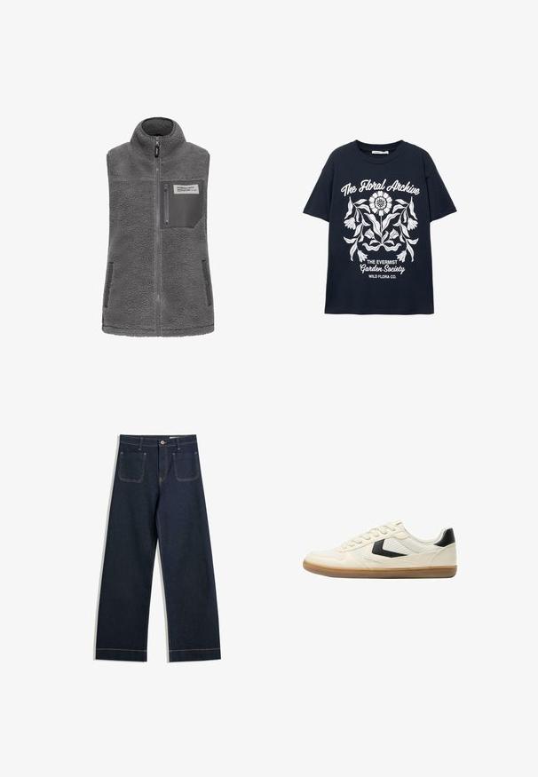 Grau ärmellose Fleece-Weste mit hohem Kragen, durchgehendem Reißverschluss, Reißverschlusstasche auf der Brust und zwei seitlichen Druckknopftaschen.; Marineblaues T-Shirt mit kurzen Ärmeln und weißem Blumenmotiv sowie Texten wie "Das Blumenarchiv", "Die Evermist Gartengesellschaft" und "Wild Flora Co."; Dunkelblaue weite Jeans aus Denim mit kontrastierendem hellbraunem Nähen, zwei Gesäßtaschen und einem Knopfverschluss an der Taille.; Bershka Sneaker low - white
