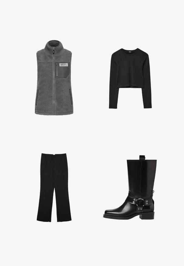 Grau ärmellose Fleece-Weste mit hohem Kragen, durchgehendem Reißverschluss, Reißverschlusstasche auf der Brust und zwei seitlichen Druckknopftaschen.; Schwarzes, langärmliges, kurz geschnittenes Oberteil mit Rundhalsausschnitt, schlichter Gestaltung und leicht abgerundetem Saum.; Schwarze Hose mit geradem Schnitt, ausgestattet mit Fronttaschen und Seitenschlitzen am Saum. Hergestellt aus weichem, glattem Stoff. Geeignet für verschiedene Anlässe.; Schwarze Lederstiefel bis zum Knie mit spitzer Zehenform, silbernen Schnallenakzenten und einem klobigen Absatz. Verfügt über eine Zuglasche für einfaches Anziehen.