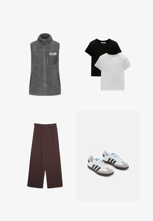 Grau ärmellose Fleece-Weste mit hohem Kragen, durchgehendem Reißverschluss, Reißverschlusstasche auf der Brust und zwei seitlichen Druckknopftaschen.; Zwei T-Shirts mit Rundhalsausschnitt in Schwarz und Weiß, aus Baumwolle. Sie haben kurze Ärmel und einfarbiges Design ohne Muster oder Akzente.; Stradivarius WIDE-LEG WITH BUCKLE DETAIL - Stoffhose - dark brown; Sportschuhe mit einem Obermaterial aus weißem Leder, grauer Wildleder-Zehenkappe und drei schwarzen Streifen. Sie verfügen über ein blaues Logo auf der Zunge und eine strukturierte Gummisohle.