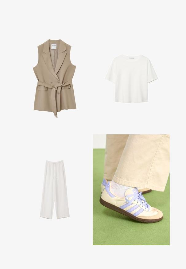 Beige ärmellose Weste mit doppelter Knopfleiste, Gürtel und zwei Fronttaschen. Hergestellt aus glattem Stoff mit taillierter Passform.; Weißes T-Shirt mit kurzen Ärmeln aus Baumwolle. Hat einen Rundhalsausschnitt und eine lockere Passform. Glatte Textur ohne sichtbare Muster oder Akzente.; Weiße weit geschnittene Hose aus leichtem Stoff. Mit einem elastischen Bund und Kordelzug sowie Seitentaschen. Glatte Textur.; Cremefarbene und lavendelfarbene Sneakers mit drei Streifen und einer strukturierten braunen Sohle, ausgestattet mit Schnürsenkeln und einer gepolsterten Ferse. Obermaterial aus weichem Stoff.