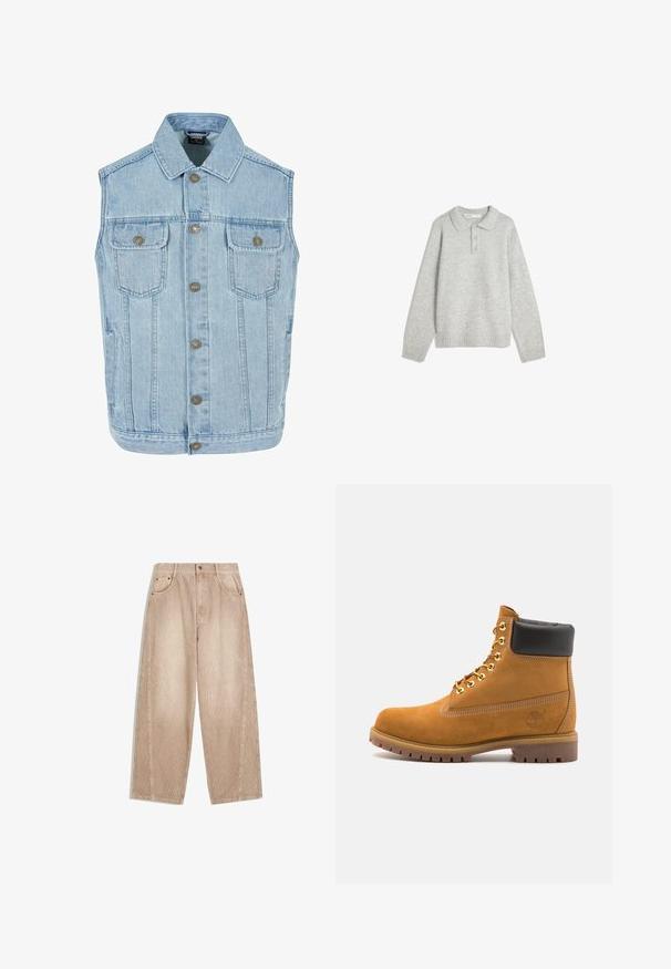 Svijetloplavi traper prsluk s klasičnim dizajnom, koji ima ovratnik, gumbe sprijeda, dva džepa na prsima i metalne kopče.; Sivi pleteni pulover s ovratnikom, tremi sprednjimi gumbi in rebrastim robom. Tkanina se zdi mehka in teksturirana, s sproščenim krojem.; Bež široke hlače iz kordura z navpičnimi rebri, ki vključujejo sprednje žepe, pasne zanke in zadrgo s gumbom.; Svetlo rjave anklne čizme iz semiša z črnim oblazinjenim ovratnikom, zlatimi kovinskimi očesci, belimi šivi in robustnim gumijastim podplatom s izrazitimi tredi.