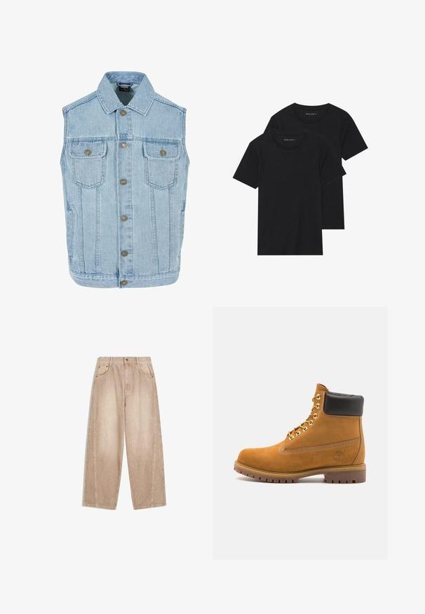 Jasnoniebieska kamizelka dżinsowa o klasycznym kroju, z kołnierzykiem, zapięciem na guziki, dwiema kieszeniami na piersi oraz metalowymi zatrzaskami.; Dwie czarne bawełniane koszulki z krótkimi rękawami, okrągłymi dekoltami i gładką fakturą, wyeksponowane ułożone jedna na drugiej.; Beżowe spodnie w szerszym kroju z kieszeniami z przodu, szlufkami na pasek oraz zamek błyskawiczny z zapięciem na guzik, wykonane z materiału sztruksowego w pionowe prążki.; Beżowe zamszowe botki sięgające kostki z czarną wyściełaną krawędzią, złotymi oczkami, białymi detalami szycia oraz wytrzymałą gumową podeszwą z wyraźnym bieżnikiem.