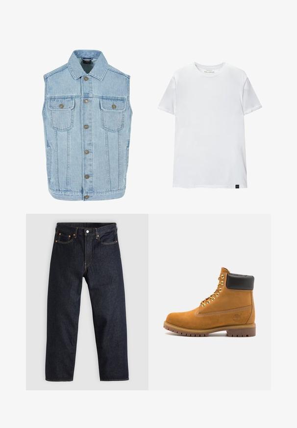 Vest din denim de un albastru deschis, cu un design clasic, având guler, închidere cu nasturi, două buzunare pe piept și detalii din metal cu capsenă.; Tricou alb, ajustat pe corp, din bumbac. Gât rotund, mâneci scurte, textură netedă. Etichetă mică de logo negru la margine. Design simplu.; Jeans de denim albastru închis, cu croială dreaptă, cinci buzunare, cusături contrastante de portocaliu și fermoar cu buton. Fără modele sau embellishments vizibile.; Cizmă de gleznă din întoarsă de culoare bej, cu guler negru căptușit, ochiuri din metal auriu, detalii de cusătură albă și talpă din cauciuc robustă, cu un model pronunțat.