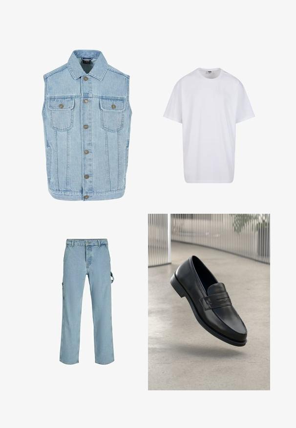 Hellblauer Denim-Westen mit klassischem Design, ausgestattet mit Kragen, Knopfleiste, zwei Brusttaschen und metallischen Druckknopfdetails.; Weiße Baumwoll-T-Shirt mit kurzen Ärmeln, rundem Ausschnitt, lockerer Passform und ohne sichtbare Logos oder Muster. Glatte Textur und minimalistisches Design.; Hellblaue Denim-Cargo-Hosen mit entspannter Passform, ausgestattet mit seitlichen Befestigungsschlaufen und Fronttaschen, die eine ausgewaschene Textur aufweisen.; Schwarzer Lederloafer mit glatter Textur, spitzer Zehe und einem dekorativen Riemen über dem Rist. Leichte Sohle, minimalistisches Design.