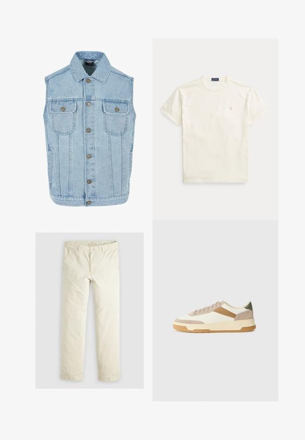 Heledad sinine teksajakk klassikalise disainiga, millel on krae, nupuväärmus, kaks rinna taskut ja metallist nööbid.; Kreemja värvi puuvillane lühikeste varrukatega T-särk. Vasakul rinnal on peenelt tikitud logo ja ümara kaelusega.; Heledadbež püksid, millel on lõtv istuvus, kolm taskut, vöökohad ja sirge lõikega disain. Valmistatud pehmest puuvillasegust materjalist.; Beige, kreemi ja oliivroheline spordijalats, mis on valmistatud nahast ja sametmaterjalist, ringikujulise varbaga, minimalistliku disainiga ja kummist tallaga.