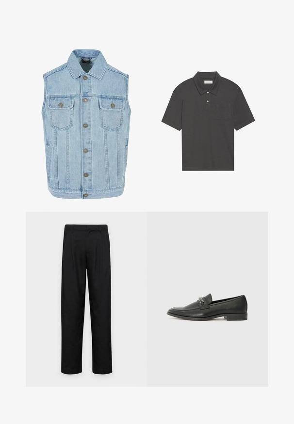 Svijetloplavi traper prsluk klasičnog dizajna, s ovratnikom, prednjim gumbima, dva džepa na prsima i metalnim kopčama.; Tamnosivi polo majica s klasičnim ovratnikom, tri dugmeta na prednjem dijelu, kratkim rukavima i džepom na lijevoj strani grudi. Glatka tekstura tkanine.; Crne hlače od glatkog materijala, s dizajnom ravnih nogavica, dva prednja nabora i standardnim pojasom s petljama za remen.; Crna kožna loafer cipela s glatkom finišem, s ušivenim uzorkom i dekorativnim metalnim lancem preko prednjeg dijela. Ravni potplat.