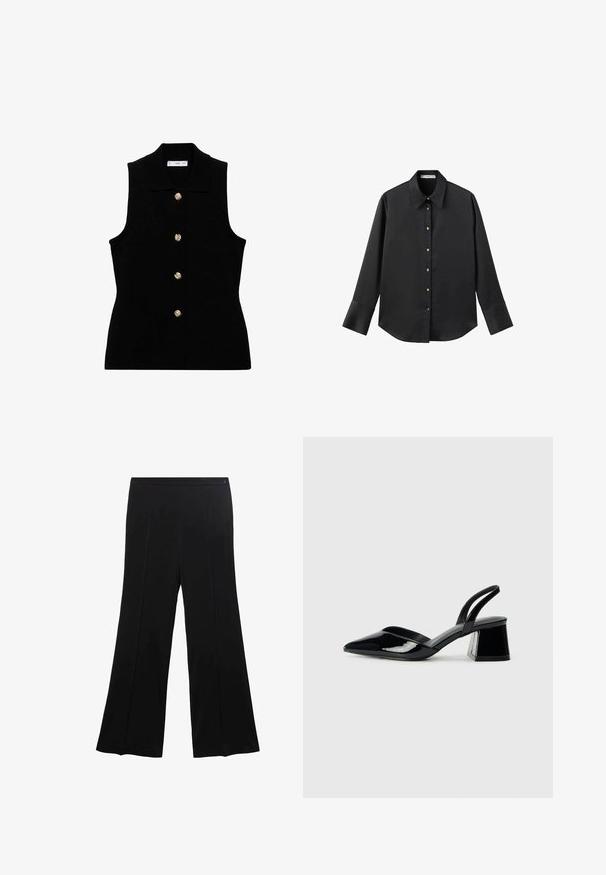 Schwarze ärmellose Weste mit Kragen, ausgestattet mit goldenen Knopfverschlüssen. Hergestellt aus strukturiertem Stoff, taillierte Form und klassisches Design.; Schwarz langärmliges Hemd aus glattem Stoff, mit klassischem Kragen, frontaler Knopfleiste mit goldfarbenen Knöpfen und breiten Manschetten.; Schwarzweite Bein Hosen aus glattem Stoff, mit flachem Vorderteil, zwei Falten und einem Bund ohne sichtbare Beschläge.; Schwarze Lackleder-Slingback-High Heels mit spitzem Schuh und einem geometrischen Blockabsatz. Verfügt über ein schlankes, minimalistisches Design und eine glatte Textur.