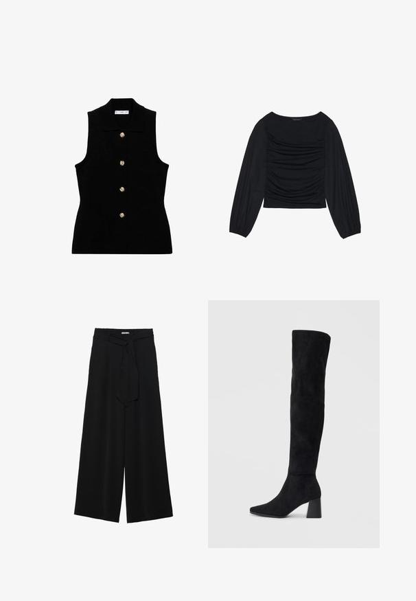 Gilet senza maniche nero con colletto, caratterizzato da chiusure a bottoni in tono oro. Realizzato in tessuto tessurizzato, con forma attillata e design classico.; Top nero a maniche lunghe con dettaglio di tessuto arricciato sul davanti e ai polsi, realizzato in materiale morbido ed elasticizzato con scollatura a barca.; Pantaloni neri a gamba larga caratterizzati da un tessuto testurizzato, una vita elastica e una cintura staccabile per una vestibilità regolabile.; Stivale in suede nero alto fino al ginocchio con tacco a blocco, punta affusolata e design liscio e senza cuciture su uno sfondo chiaro e semplice.