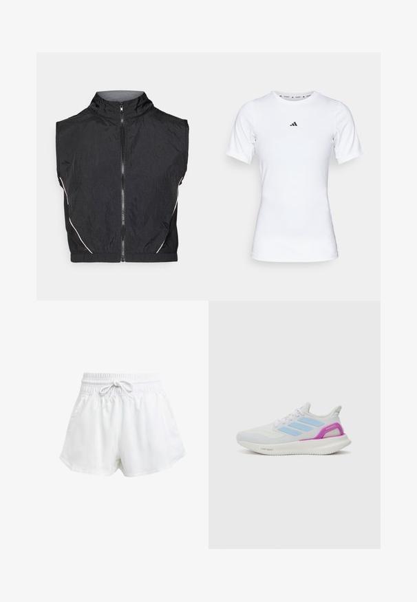 Schwarze ärmellose Jacke aus leichtem Material, mit hohem Kragen, Front-Reißverschluss und dezenten weißen Akzenten entlang der Nähte.; Weißes Sportshirt mit kurzen Ärmeln, aus glattem, dehnbarem Stoff. Mit kleinem schwarzem Adidas-Logo auf der Brust.; Weiße Sportschorts mit elastischem Bund und einstellbarem Kordelzug. Hergestellt aus leichtem Material, mit seitlichen Taschen und lockerer Passform.; adidas Performance PUREBOOST 5 - Laufschuh Straße - white/glow blue/purple burst