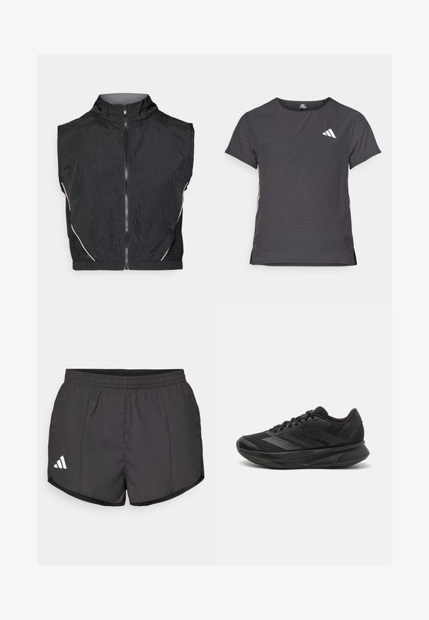 Zwarte mouwloze jas van lichtgewicht materiaal, voorzien van een hoge kraag, een ritssluiting aan de voorkant en subtiele witte accenten langs de naden.; Korte mouwen sport t-shirt, donkergrijs met geperforeerde textuur. Bevat een wit logo en contrasterende zijstrepen. Ronde halslijn.; Zwarte sport shorts gemaakt van lichtgewicht stof, met een elastische tailleband en een wit Adidas-logo aan de onderkant aan de linkerkant.; Zwarte hardloopschoen met een ademende mesh bovenkant, ronde neus, slank ontwerp, textuuraccenten en een gevoerde zool voor comfort.