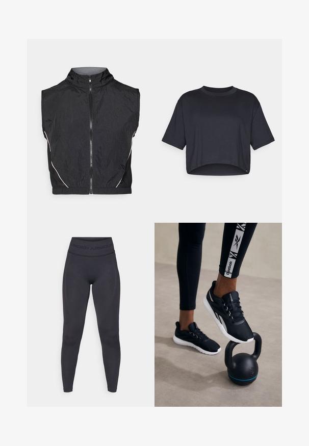 Crna bezrukavna jakna napravljena od laganog materijala, s visokim ovratnikom, prednjim zatvaračem i suptilnim bijelim detaljima duž šavova.; Skraćena crna majica izrađena od mekog pamuka, s okruglim izrezom i kratkim rukavima, s čistim obrubom i bez vidljivih uzoraka ili naglasaka.; Crne tajice s visokim elastičnim pojasom na kojem stoji tekst "UNDER ARMOUR". Glatka tekstura s suptilnim uzorcima duž nogu.; Crne sportske cipele s teksturiranim gornjim dijelom, bijelim potplatom i sivoj akcenti, postavljene na crni kettlebell s plavom prugom, na neutralnoj pozadini.