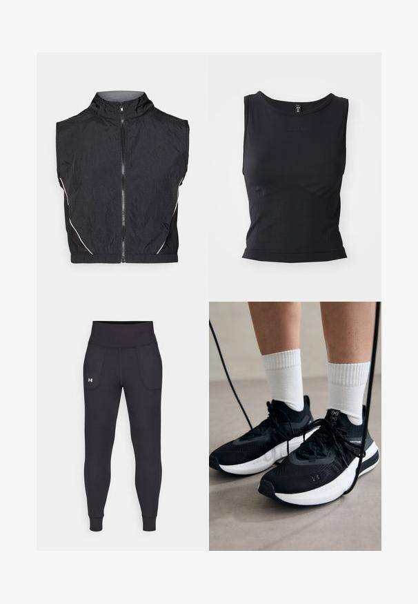 Melnas bezpiedurkņu jakas, kas izgatavota no viegla materiāla, ar augstu apkakli, priekšējo rāvējslēdzēju un smalkiem baltajiem akcentiem gar šuvēm.; Melnā bezpiedurkņu sporta tops, izgatavots no gludas auduma, ar apaļu kakla izgriezumu un pieguļošu siluetu, kuru rotā smalks logotipa elements.; Melnas sporta legingi, kas izgatavoti no stiepjama materiāla, ar augstu jostasvietu, sānu kabatām un pieguļošiem anklets.; Melni sporta apavi ar strukturētu audumu, balta zole un melni šņores. Valkāti ar baltām ribotām zeķēm, stāvot uz gaišas virsmas.