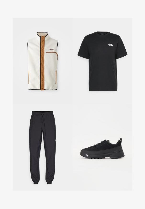 Vesta din fleece, de culoare crem, cu guler înalt, accente maro și buzunar cu fermoar. Prezintă un contur negru și închidere cu nasturi prin presare pe partea din față.; Tricou negru din bumbac, cu mâneci scurte, guler rotund și un mic logo alb pe pieptul stâng. Design simplu, textură netedă și croială lejeră.; Pantaloni atletici negri, confecționați dintr-un material ușor, cu un tiv elastic la talie, buzunare laterale și tivuri ajustate la gleznă.; Tenisi de exterior negri cu superior din daim, talpă din cauciuc texturat și sistem de șireturi solid. Prezintă un călcâi întărit și un logo al mărcii pe lateral.