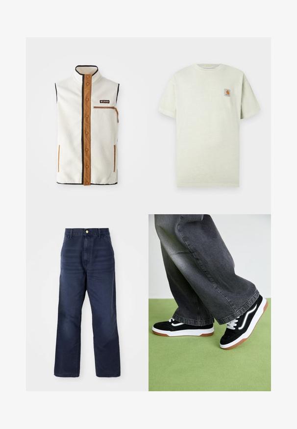 Kreppivesti vaaleassa sävyssä, jossa on korkea kaulus, ruskeat yksityiskohdat ja vetoketjullinen tasku. Vimenä mustat reunat ja napitus edessä.; Vaaleanvihreä puuvillapaita, jossa on lyhyet hihat, pyöreä kaula-aukko ja pieni neliömäinen logo-patch vasemmassa rinnassa. Pehmeä pinta.; Tummansiniset farkut suoralla lahkeella, joissa on edessä napitus, vyölenkit ja ei näkyviä kuvioita tai aksentteja.; Musta-valkoiset tennarit, joissa on teksturoitu yläosa, valkoinen logo ja kumipohja, yhdistettynä harmaisiin leveälahkeisiin farkkuihin.