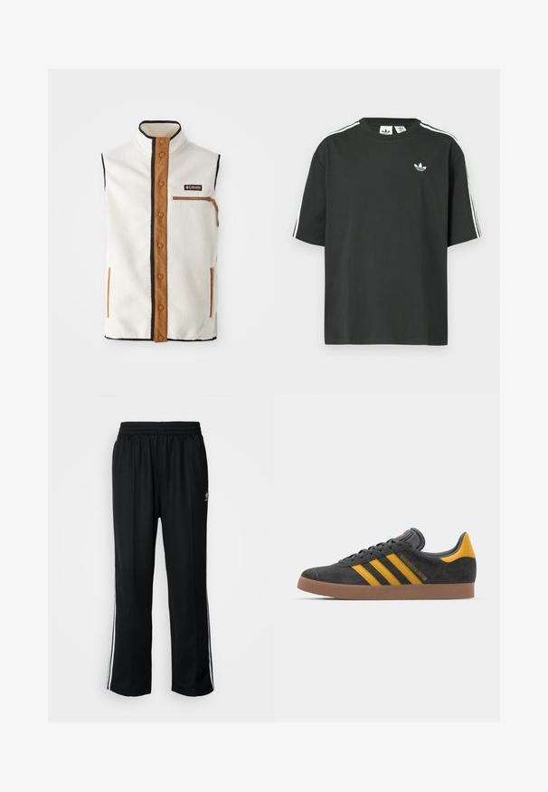 Kamizelka z polaru w kolorze kremowym, z wysokim kołnierzem, brązowymi akcentami i kieszenią na zamek. Posiada czarne obszycia oraz zapięcie na zatrzask z przodu.; Czarny bawełniany t-shirt z krótkimi rękawami, okrągłym dekoltem i białym detalem w postaci trzech pasków na ramionach. Na piersi znajduje się małe białe logo.; Czarne sportowe spodnie z elastycznym paskiem w talii, z białymi paskami po bokach i małym logo. Materiał wydaje się miękki i lekki.; Czarne zamszowe sneakersy z żółtymi akcentami, z trzema paskami i brązową gumową podeszwą. Posiadają wyściełany język dla większego komfortu.