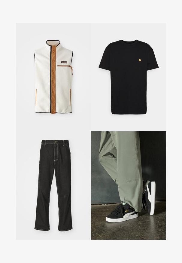 Krém színű félig bolyhos mellény magas gallérral, barna részletekkel és cipzáras zsebbekkel. Fekete szegélyezéssel és patent gombos záródással az elején.; Fekete pamut póló rövid ujjakkal, kerek nyakkal és egy kis sárga logóval a bal mellkasi részen. Egyszerű dizájn és normál illeszkedés.; Fekete farmernadrág laza szabással, kontrasztos fehér varrással, gombos záródással és egyenes lábmegoldással.; Fekete velúr sportcipők fehér gumitalppal és oldalsávokkal, világos zöld cargo nadrággal párosítva, egy textúrált sötét felületen állva.