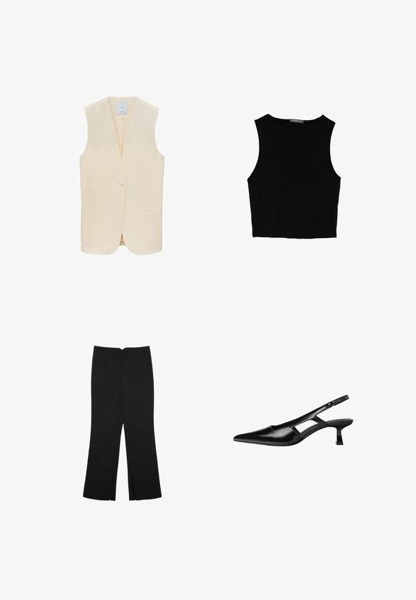 Gilet beige senza maniche con chiusura a un bottone, revers a scocca e due tasche frontali. Tessuto liscio e silhouette sagomata.; Top corto senza maniche nero realizzato in tessuto liscio, con scollatura rotonda e un design pulito e semplice, privo di pattern o accessori.; Pantaloni neri a gamba dritta, con tasche frontali e spacchi laterali all'orlo. Realizzati in tessuto morbido e liscio. Adatti a diverse occasioni.; Tacchi slingback in pelle verniciata nera con punta affusolata, design con tagli laterali e tacco quadrato piccolo. Texture liscia con dettagli minimi.