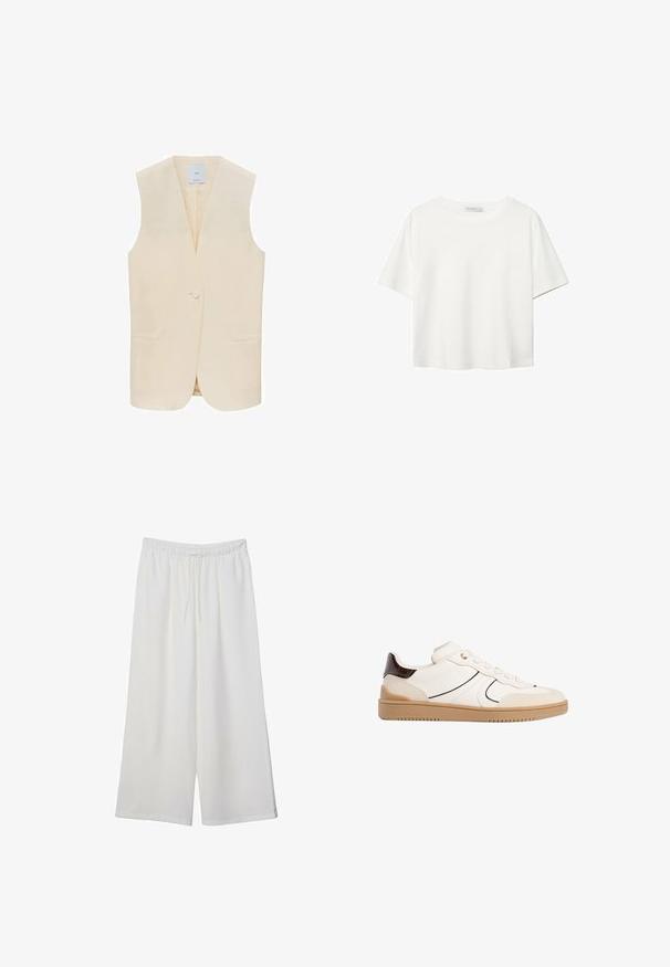 Béžová bezrúchová vesta s jedným gombíkom, s klopami a dvoma prednými vreckami. Hladká tkanina a prispôsobený strih.; Biela krátkopsová tričko vyrobené z bavlny. Má okrúhly výstrih a voľný strih. Hladká textúra bez viditeľných vzorov alebo akcentov.; Biele široké nohavice z ľahkého materiálu s elastickým pásom a šnúrkou na nastavenie veľkosti. Hladká textúra.; Stradivarius Tenisky - white