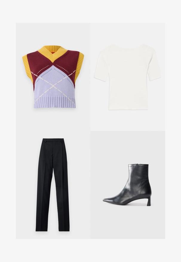 Pletený bezrukávový pulovr s výstřihem do V v barvách vínové, žluté a levandulové, s argyle vzorem a žebrovaným lemem. Jasné geometrické detaily návrhu.; Bílý kratší top s pruhovaným vzorem a širokým výstřihem. Textura obsahuje vertikální pruhy, které zdůrazňují těsný střih a jednoduchý design.; Černé kalhoty vyrobené z hladké tkaniny, vybavené vysokým pasem, širokými nohavicemi, předními záhyby a klasickými poutky na opasek. Nejsou viditelné boční kapsy.; Černé kožené kotníkové boty s špičatou špičkou a elegantním designem. Mají nízký podpatek a zipové zapínání na zadní straně. Hladká textura.