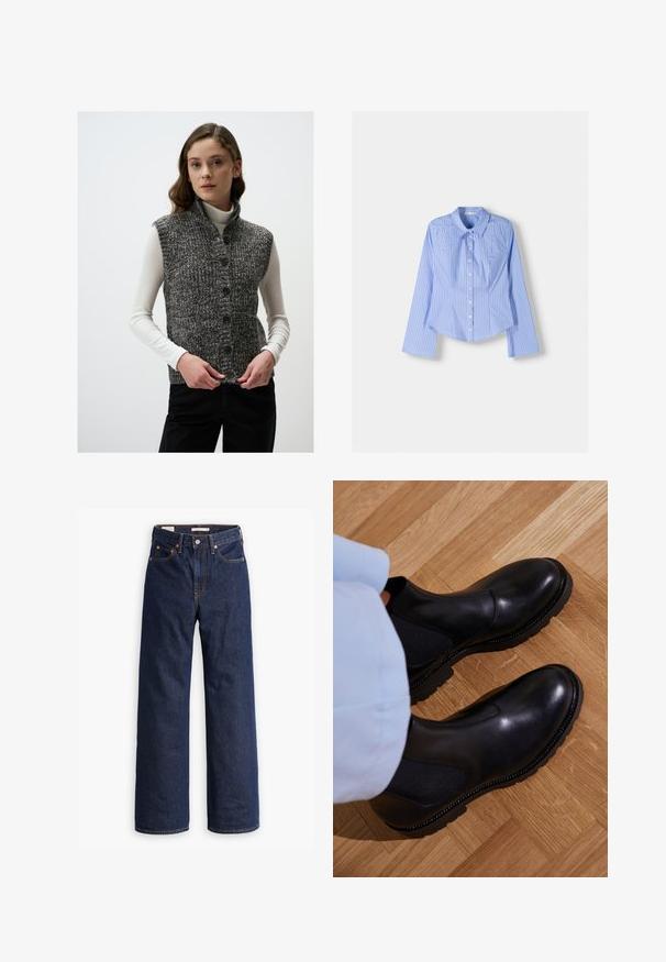 Grau gestrickte Weste mit hohem Kragen, vorne mit Knöpfen und strukturiertem Muster, getragen über einem weißen Rollkragenoberteil.; Blau-weiß gestreifte Langarmhemd mit Knopfverschluss, weit geschnittener Kragen, taillierter Passform und abgerundetem Saum. Texturiertes Baumwollmaterial.; Dunkelblaue gerade geschnittene Denim-Jeans mit fünf Taschen, orangefarbenen Nähten und einem Knopfverschluss.; Schwarze Knöchelstiefel aus glattem Leder mit elastischen Seiteneinsätzen, einer strukturierten Gummisohle und kontrastierenden Nähten entlang der Kante.