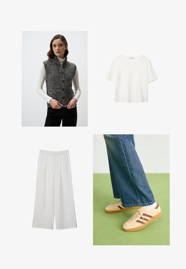 Szary, dziany kamizelka z wysokim kołnierzem, z zapięciem na guziki i teksturowanym wzorem, noszona na białym golfie.; Biała koszulka z krótkim rękawem, wykonana z bawełny. Posiada okrągły dekolt i luźny krój. Gładka faktura bez widocznych wzorów czy akcentów.; Białe szerokie spodnie wykonane z lekkiego materiału, z elastyczną talią i sznurkiem do regulacji fasonu. Gładka tekstura.; Beżowe sneakersy z fakturowanymi kremowymi panelami i brązowymi paskami, w połączeniu z niebieskimi dżinsami. Dżinsy mają szerokie nogawki i postrzępione wykończenie.