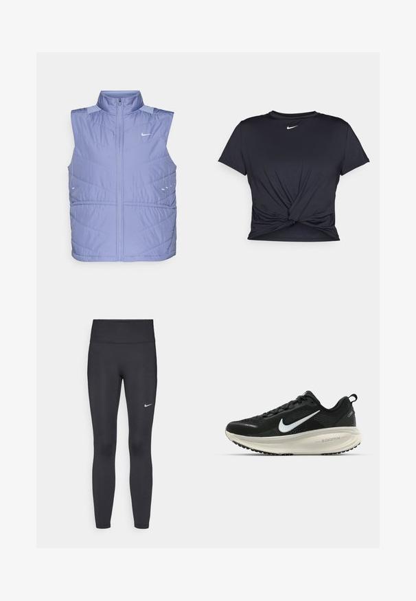 Svetlofialová bezrukávová páperová vesta s vysokým golierom, zipsom a jemnou textúrou. Obsahuje šikmé prešívané vzory a reflexné akcenty.; Čierne atletické tričko vyrobené z hladkej tkaniny, so zaväzovaným predným dizajnom a malým bielym logom Nike na hrudi.; Čierne legíny z elastického materiálu, s vysokým pásom a bielym logom Nike na ľavom stehne. Hladká textúra, priliehavý dizajn.; Čierne bežecké topánky Nike s priedušnou sieťovinou, bielym logom s symbolom swoosh, textúrovanými detailmi a krémovou ZoomX medzipodrážkou.