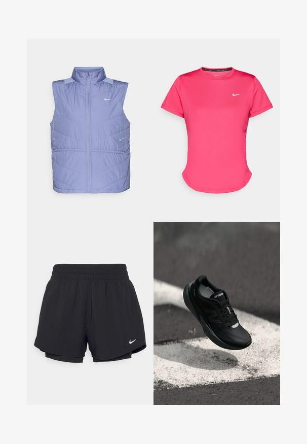 Lichtpaarse mouwloze puffer vest met een hoge kraag, ritssluiting en een zachte textuur. Beschikt over schuine gequiltte patronen en reflecterende accenten.; Korte mouwen roze sport T-shirt gemaakt van een gladde, lichtgewicht stof. Heeft een klein wit Nike-logo op de borst en een subtiele gebogen hem.; Zwarte sportshorts met een geraffineerde elastische tailleband, binnenvoering en wit Nike-logo aan de onderkant links. Soepele, lichte stof.; Zwarte hardloopschoen met een gestructureerde bovenkant, slank ontwerp en reflecterende accenten. Heeft een zachte, gevoerde zool voor comfort.