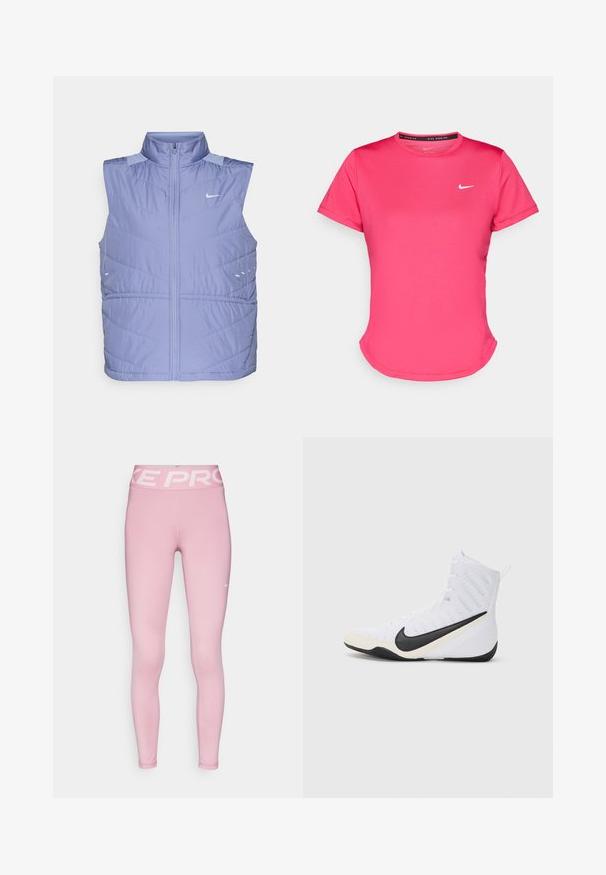 Vaaleanlila ilmanhiha puffer-liivi, jossa on korkea kaulus, vetoketju ja pehmeä rakenne. Ominaisuuksina viisto tikkauskuvio ja heijastavat yksityiskohdat.; Vaatekappale on vaaleanpunainen lyhythihainen urheilupaita, joka on valmistettu sileästä ja kevyestä kankaasta. Paidassa on pieni valkoinen Nike-logo rinnassa ja hillitty kaareva helma.; Vaaleanpunaiset urheilulegginsit, joissa on leveä, vaaleanpunainen vyötäröltä kirkas "NIKE PRO" -logo. Valmistettu venyvästä kankaasta, istuva malli, sileä pinta.; Kengät Nike urheiluvalkoiset mustalla swoosh-logolla. Ominaisuuksiin kuuluvat korkeampi malli, teksturoitu pinta ja kestävä kumipohja.