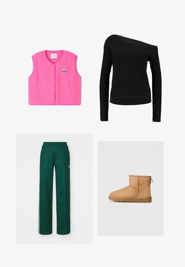 Roosa fliiste vest, millel on ümar kaelus, nööbid ja küljetaskud. Omab tekstuurset kanga mustrit ja väikest, erksavärvilist logopatchi.; Must mustreeritud must särk, millel on asümmeetriline kaelus, pikad varrukad ja ribakujuline tekstuur. Särk on mugava lõikega ja soodsa äärega.; Tumed roheline sportlikud püksid, mis on lõdvema lõikega, koos paelaga vöökohas, küljetaskute ja kreemjate triipudega külgedel.; Taani nahast ankle-saapad ümarate varvastega, tikandi detailide ja tagumise tõmbluku kohta, tekstuuriga kummist tallaga. Kujundatud mugavuseks ja soojuseks.