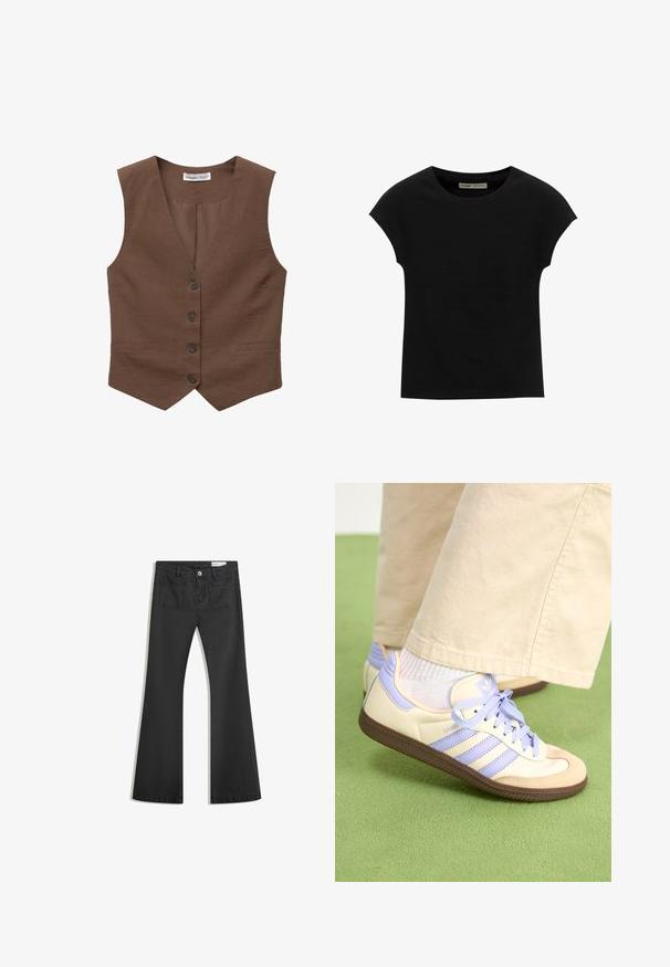 Brązowa kamizelka z dekoltem w kształcie litery V, pięcioma guzikami z przodu i kieszeniami wpuszczonymi. Wykonana z teksturowanej tkaniny, z gładką podszewką.; Czarna koszulka z krótkim rękawem i okrągłym dekoltem. Wykonana z gładkiej, elastycznej bawełny. Prosty design bez wzorów i grafik.; Czarne dżinsy w fasonie z dzwonami, wykonane z denimu o gładkiej teksturze, z dwiema tylnymi kieszeniami i zapięciem na guzik w talii.; Kremowe i lawendowe trampki z trzema paskami oraz teksturowaną brązową podeszwą, wyposażone w sznurówki i wyścieloną piętę. Górna część z miękkiego materiału.
