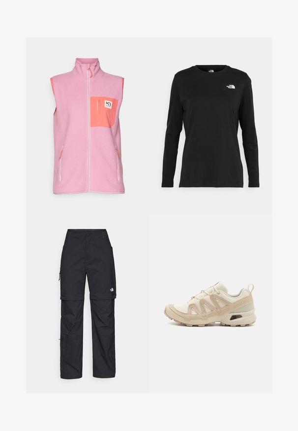 Kari Traa ROTHE VEST - Colete - dusty pink; T-shirt preto de mangas longas, feito de algodão, com decote redondo. Apresenta um pequeno logótipo branco na área esquerda do peito. Design simples e ajuste confortável.; Calças cargo pretas em nylon com fechos de correr removíveis, punhos ajustáveis, múltiplos bolsos e um logótipo na perna direita. Textura suave e leve.; Sapatilha atlética beige e creme com parte superior em malha texturizada, sobreposições de suporte e sola de borracha com um padrão de cravo para tração.