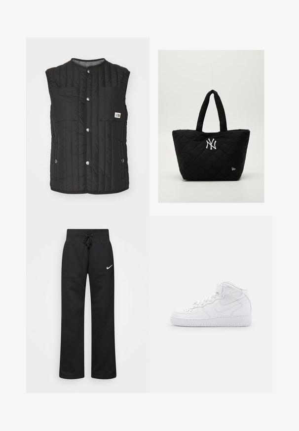 The North Face REVERSIBLE VISOKE - Vestă - black/smoked pearl; Tricou alb cu mâneci lungi, fabricat din bumbac, având un guler rotund și un mic logo Nike negru pe piept. Design simplu, croi lejer.; Pantaloni de sudură negri dintr-un amestec de bumbac, cu un talie elastică cu șnur, picioare drepte și un logo alb Nike pe partea stângă.; Adidași înalți albi din piele, cu guler căptușit, vârf perforat, șireturi și curea reglabilă pentru gleznă; logo pe lateral.; Geantă tote quilted neagră cu mânere duble, având un logo alb al echipei New York Yankees și un mic emblemă a brandului pe lateral.