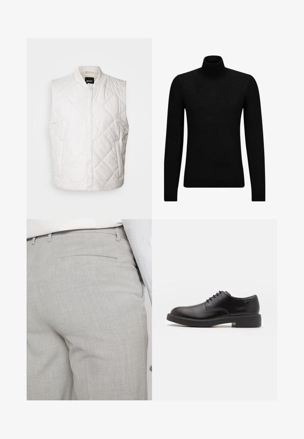 Weißer gesteppter Weste mit Stehkragen, ausgestattet mit einer Knopfleiste und Seitentaschen. Hergestellt aus strapazierfähigem Stoff mit einer glatten Oberfläche.; Schwarzer Rollkragenpullover aus weichem Material mit langen Ärmeln und enger Passform. Rippbesatz am Saum und an den Bündchen. Einfaches Design.; Hellgraue, maßgeschneiderte Hose aus strukturiertem Stoff, mit einer einzelnen Gesäßtasche und sauberer Nahtführung.; Schwarzer Leder-Schnürschuh mit abgerundetem Zeh, glatter Textur, minimaler Naht und niedrigem Gummiabsatz. Logo auf der Ferse.
