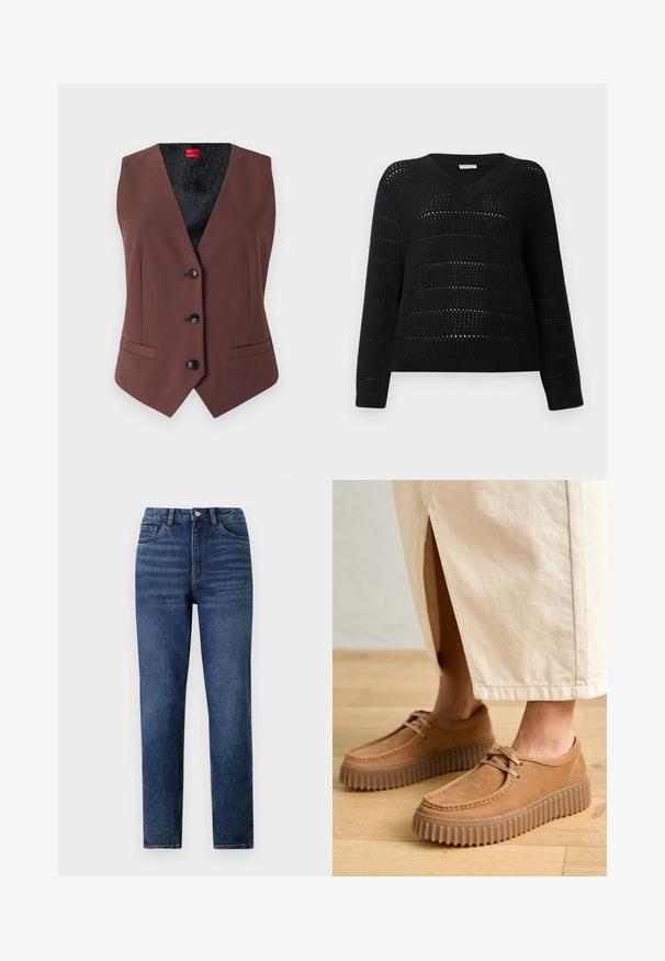 Brauner taillierter Weste mit V-Ausschnitt, fünf schwarzen Knöpfen, zwei Seitentaschen und einem gemusterten schwarzen Innenfutter.; TOM TAILOR DENIM V NECK - Strickpullover - deep black; Hochtaillierte blaue Denim-Jeans mit geradem Bein, versehen mit dezenten Tragefalten, einem Knopfverschluss und einem Fünf-Taschen-Design.; Hellelederschuhe mit einer strukturierten Oberfläche, runder Zehenform und dicken, geriffelten Sohlen. Die Schnürsenkel und die Nähte heben das Design hervor.