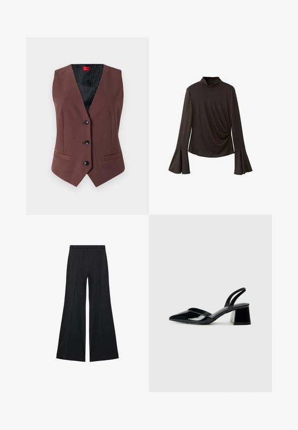 Brun skræddersyet vest med V-udskæring, fem sorte knapper, to sidelommer og et mønstret sort indvendigt for.; Sort langærmet top med høj krave, prydet med flagrende ærmer og sammensnøring på siden for struktur. Fremstillet af strækbart stof.; Sorte brede bukser med en glat tekstur, der har fremadrettede folder og en skræddersyet design. Stofferne er lette og flerdimensionelle.; Sorte patentlæder slingback hæle med spids tå og en geometrisk blok hæl. Har et elegant, minimalistisk design og en glat tekstur.