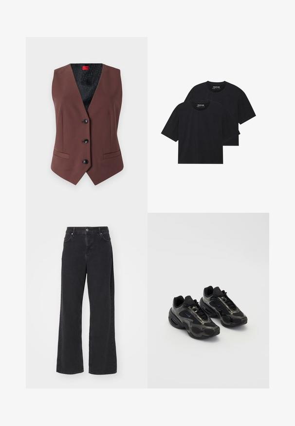 Gilet marrone su misura con scollo a V, cinque bottoni neri, due tasche laterali e una fodera interna nera a fantasia.; T-shirt in cotone nero con una vestibilità rilassata, presenta maniche corte e colletto rotondo. Due pezzi mostrati, con una texture liscia.; Jeans neri a vita alta dritti con bottone frontale, passanti per cintura e tasche, esposti su uno sfondo bianco.; Scarpe sportive nere in materiale sintetico, con dettagli in mesh e suole arrotondate. Presentano un sistema di allacciatura e un logo Nike ben visibile sulla linguetta.