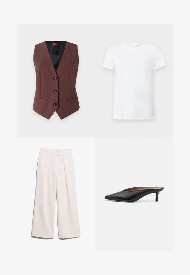 Brun skreddersydd vest med V-hals, fem svarte knapper, to sidelommer og et mønstret svart indre fôr.; Hvit kortermet t-skjorte laget av bomull med rund hals-design. Glatt tekstur og rett snitt, uten mønstre eller detaljer.; Videbukser i en lys kremfarge, laget av glatt stoff med to frontlommer og synlig søm på livserien.; Sorte lærmules med spiss tå og lav, blokkert hæl. Glatt tekstur med et elegant design. Åpen bak med minimal detaljering.