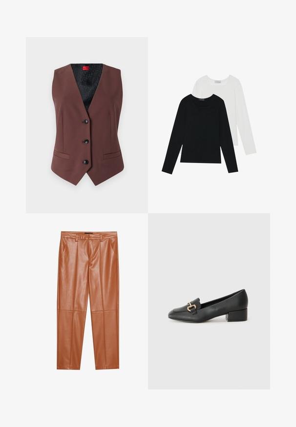 Ruskea räätälöity liivi, jossa on V-kaula-aukko, viisi mustaa nappia, kaksi sivutaskua ja kuviollinen musta vuori.; Kaksi pitkähihainen paitaa, yksi musta ja yksi valkoinen, molemmat neliönmallisella kaula-aukolla ja pehmeästä, joustavasta kankaasta valmistettu.; Ruske jastučić hlače od umjetne kože s krojem, koje imaju prednje nabore i ravne nogavice. Glatka tekstura bez vidljivih metalnih dijelova ili ukrasa.; Musta nahkainen loaferit matalalla korolla, joissa on koristeellinen kultainen yksityiskohta edessä ja sileä pinta.