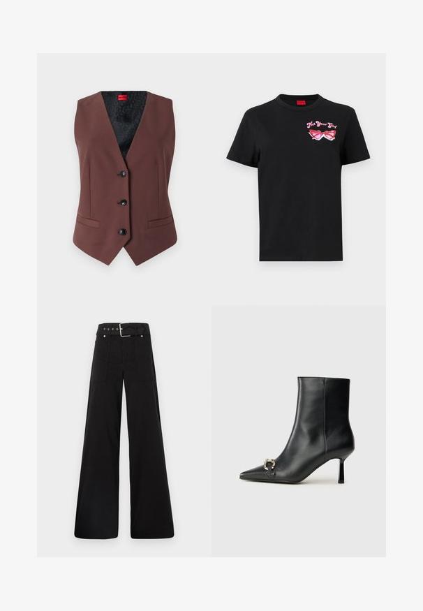 Brauner taillierter Weste mit V-Ausschnitt, fünf schwarzen Knöpfen, zwei Seitentaschen und einem gemusterten schwarzen Innenfutter.; Schwarzes Baumwoll-T-Shirt mit kurzen Ärmeln, das auf der linken Brustseite eine pinkfarbene Grafik von Sonnenbrillen und den Text "Not Your Girl" zeigt.; Schwarze weitgeschnittene Hose aus Baumwolle, mit hoher Taille, großen Seitentaschen und einem taillierten Bund mit silbernen Hardware-Akzenten.; Schwarze Leder-Stiefelette mit spitzer Zehe, schlankem, mittelhohem Absatz und silberner Schnalle seitlich vor einem schlichten Hintergrund.