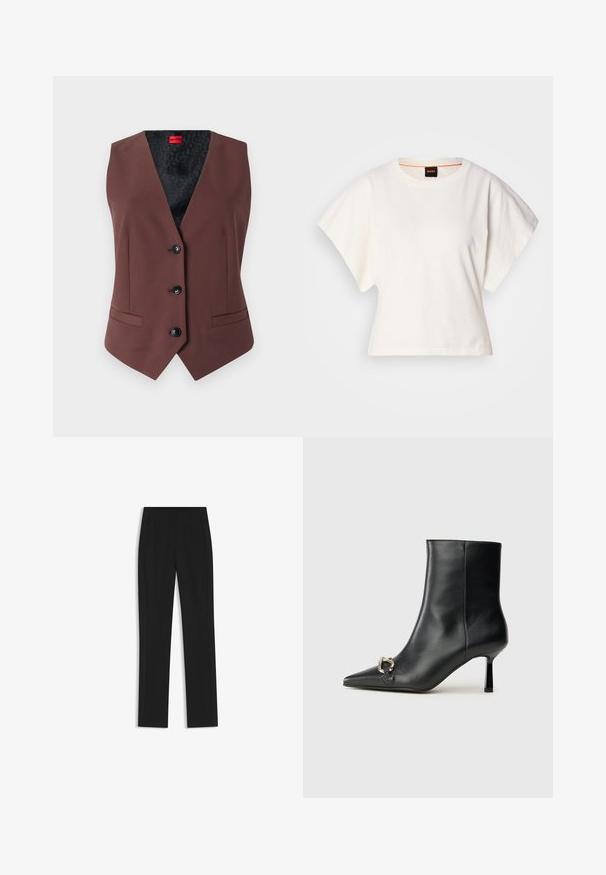Gilet marrone su misura con scollo a V, cinque bottoni neri, due tasche laterali e una fodera interna nera a fantasia.; T-shirt bianca cropped, maniche corte e larghe, tessuto di cotone morbido, scollatura rotonda con bordino arancione sottile, design minimale, senza motivi o grafiche.; Pantaloni neri su misura con un design a gamba dritta, dotati di tasche frontali e un tessuto liscio e strutturato. Dettagli ordinati e minimalisti.; Stivale alla caviglia in pelle nera con punta affusolata, tacco sottile di media altezza e dettaglio in fibbia argentata sul lato, su sfondo semplice.