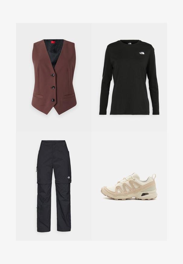 Brun skräddarsydd väst med V-ringning, fem svarta knappar, två sidfickor och ett mönstrat svart innerfoder.; Svart långärmad t-shirt i bomull med rund hals. Har en liten vit logotyp på vänster bröstområde. Enkelt design och passform.; Svarta nylonbyxor med avtagbara ben, justerbara muddar, flera fickor och en logotyp på högra benet. Slät, lätt textur.; Beige och krämfärgad atletisk sko med texturerad meshovandel, stöttande överdrag och gummisulor med ett mönster för grepp.